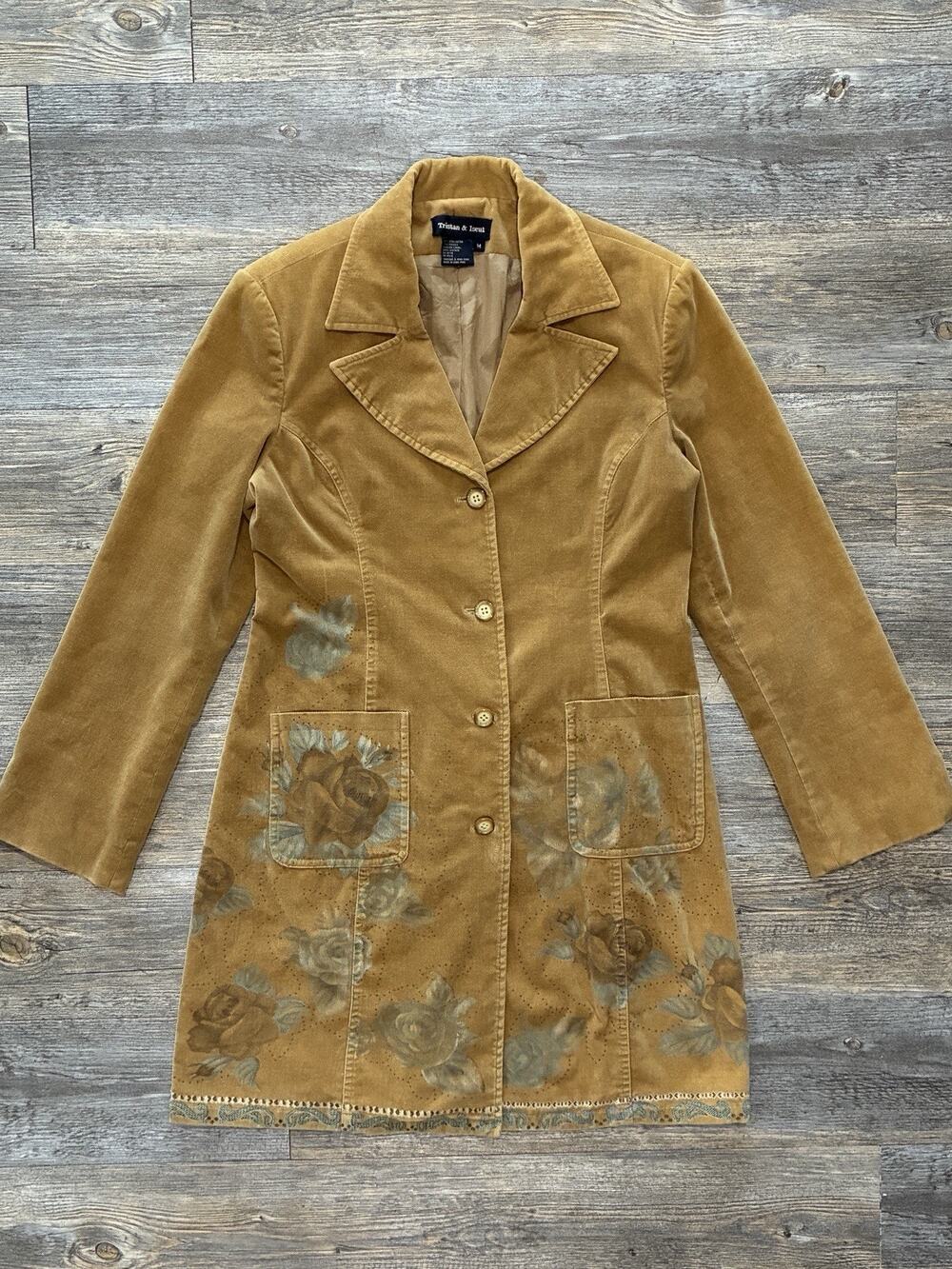 Tristan & Iseut Hand Painted Boho Tan Long Jacket Cottagecore Grandmacore SZ M